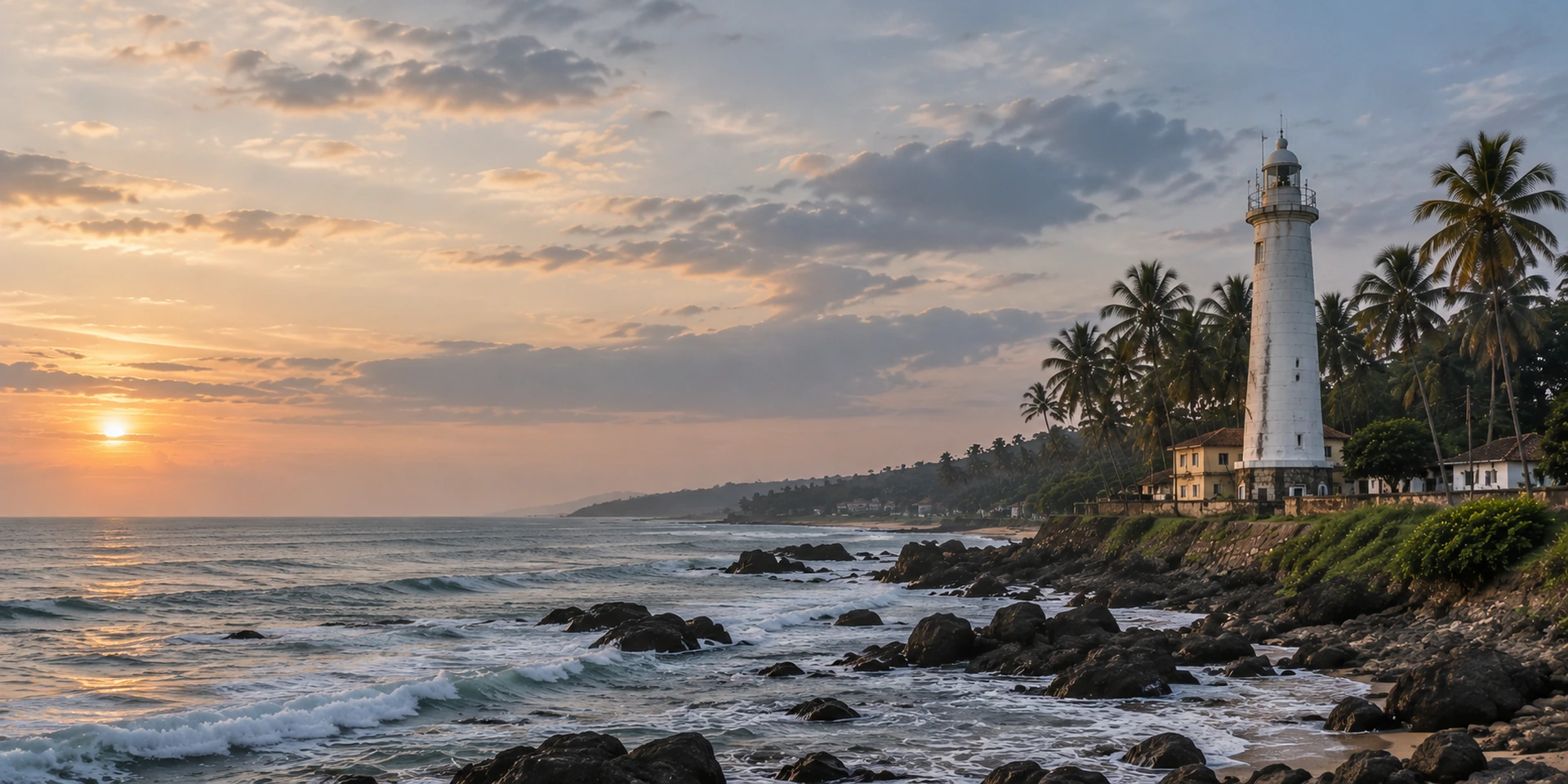 Sri Lankan coastline with lighthouse and palm trees at golden hour