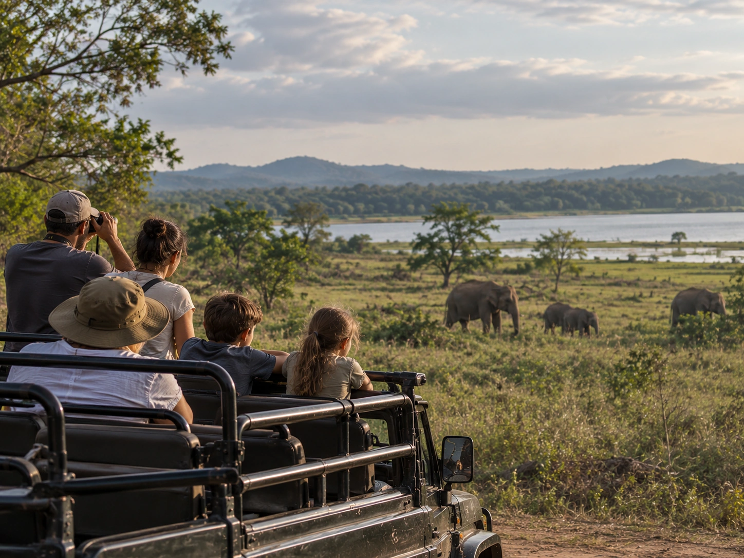 Travellers watching elephants from a safari jeep in Sri Lanka