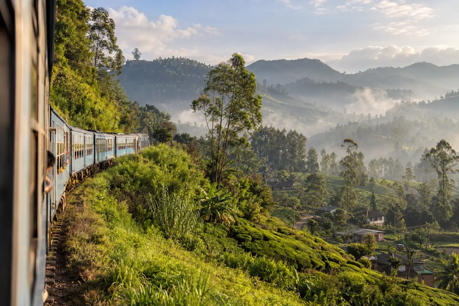 Train travelling through Sri Lanka’s misty hill country
